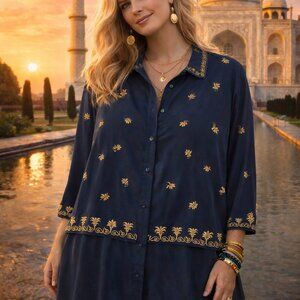 Diane Von Furstinberg Teal Blue Silk Embroidered Button-Up Blouse